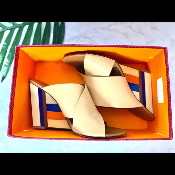 Criss Cross Slip On Mules Color Block Heel Wedge Tory Burch - Picture 7 of 15